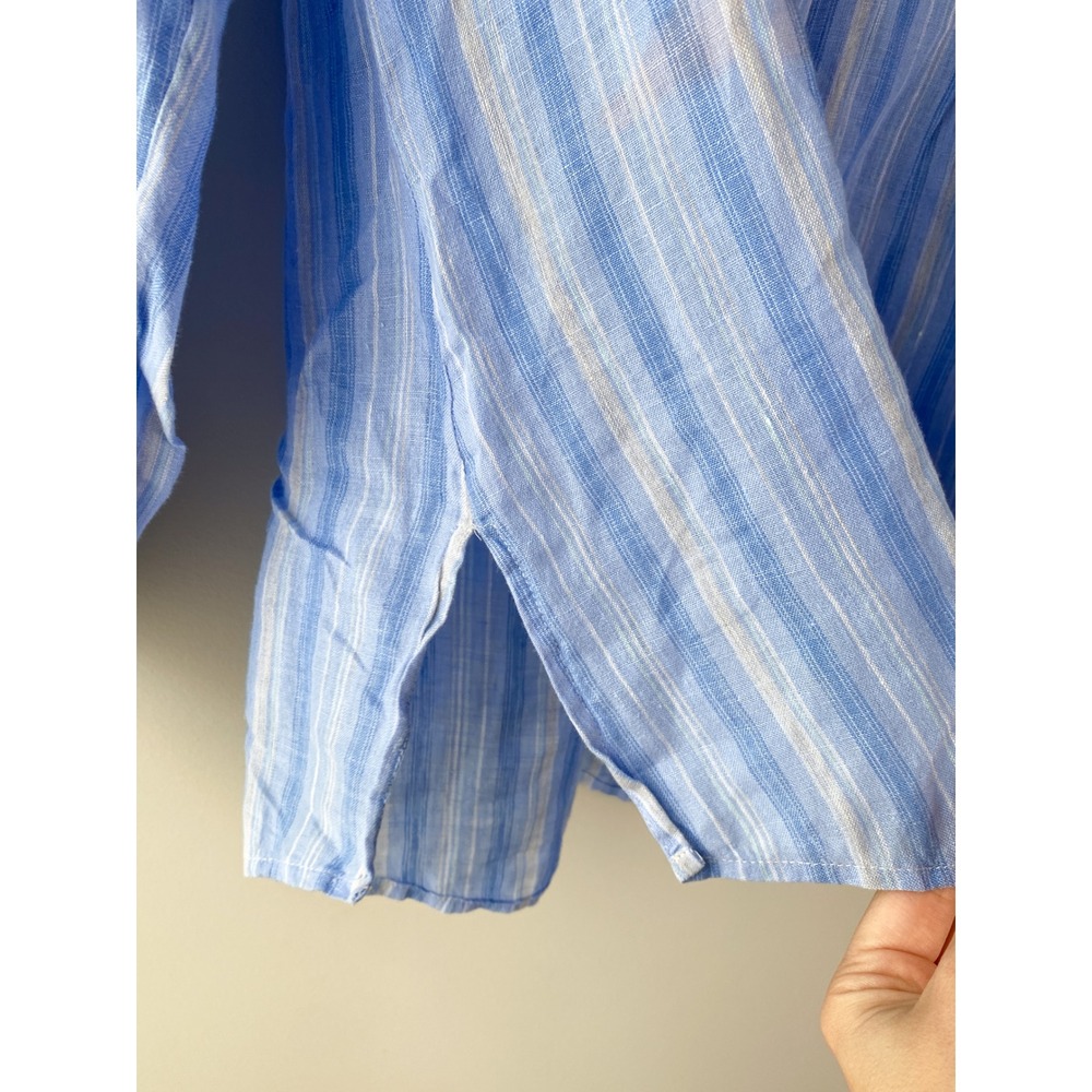 Coldwater Creek Womens 100% Linen Popover Blouse L Petite Blue Striped Coastal - Picture 4 of 9